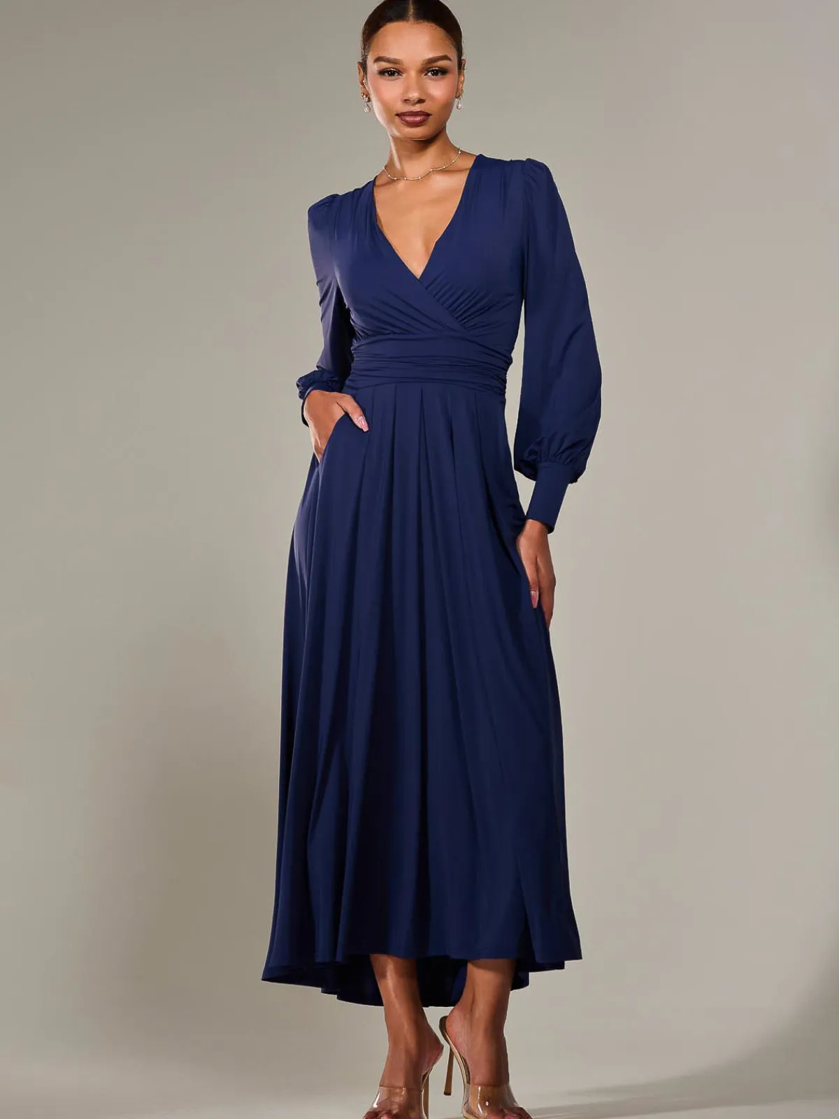 Jolie Moi Occasion Dresses|Race Day Dresses-Long Sleeve Super Soft Jersey Maxi Dress, Navy