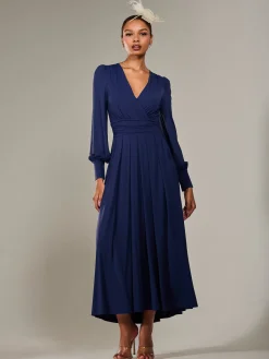 Jolie Moi Occasion Dresses|Race Day Dresses-Long Sleeve Super Soft Jersey Maxi Dress, Navy