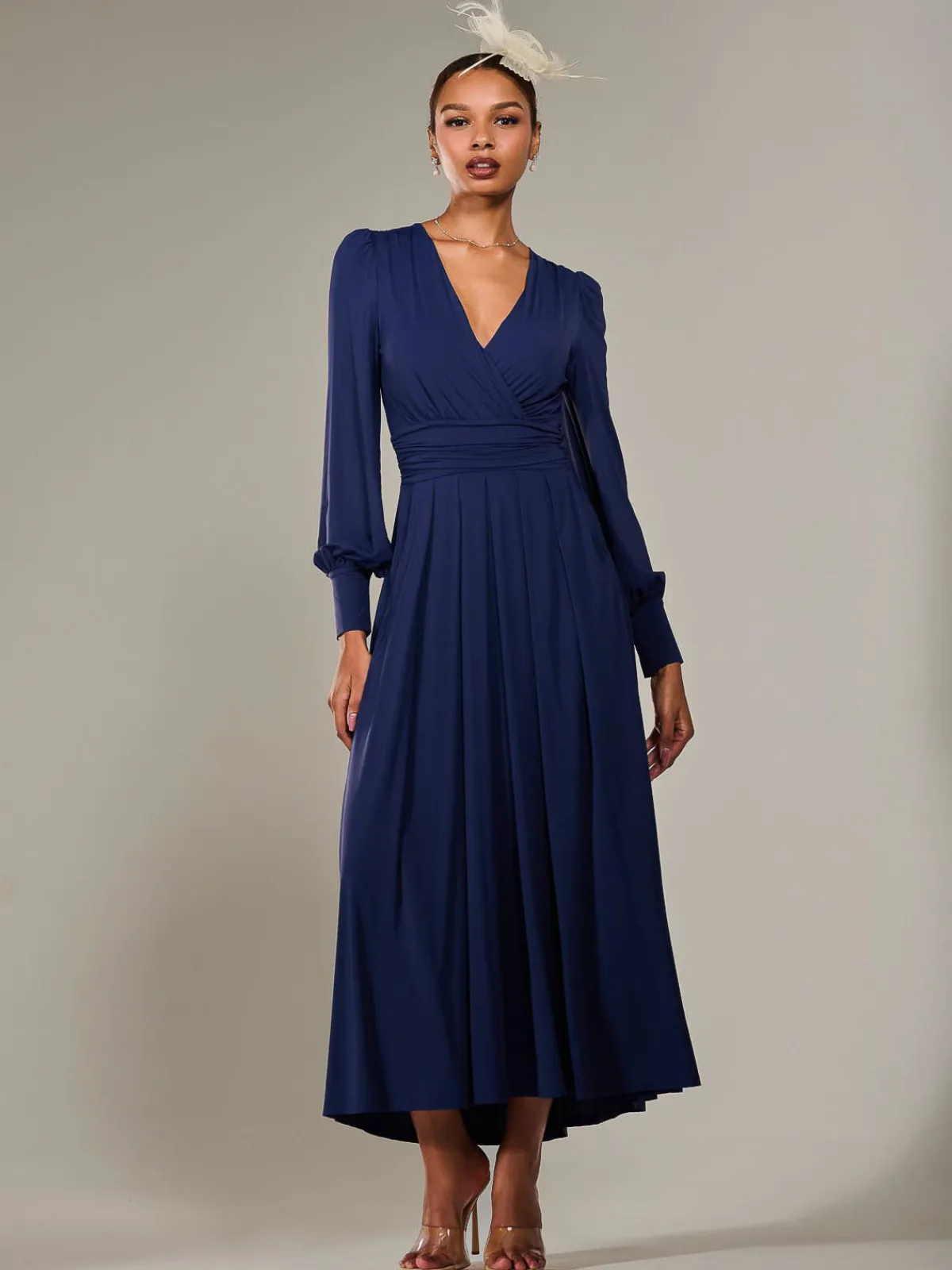 Jolie Moi Occasion Dresses|Race Day Dresses-Long Sleeve Super Soft Jersey Maxi Dress, Navy