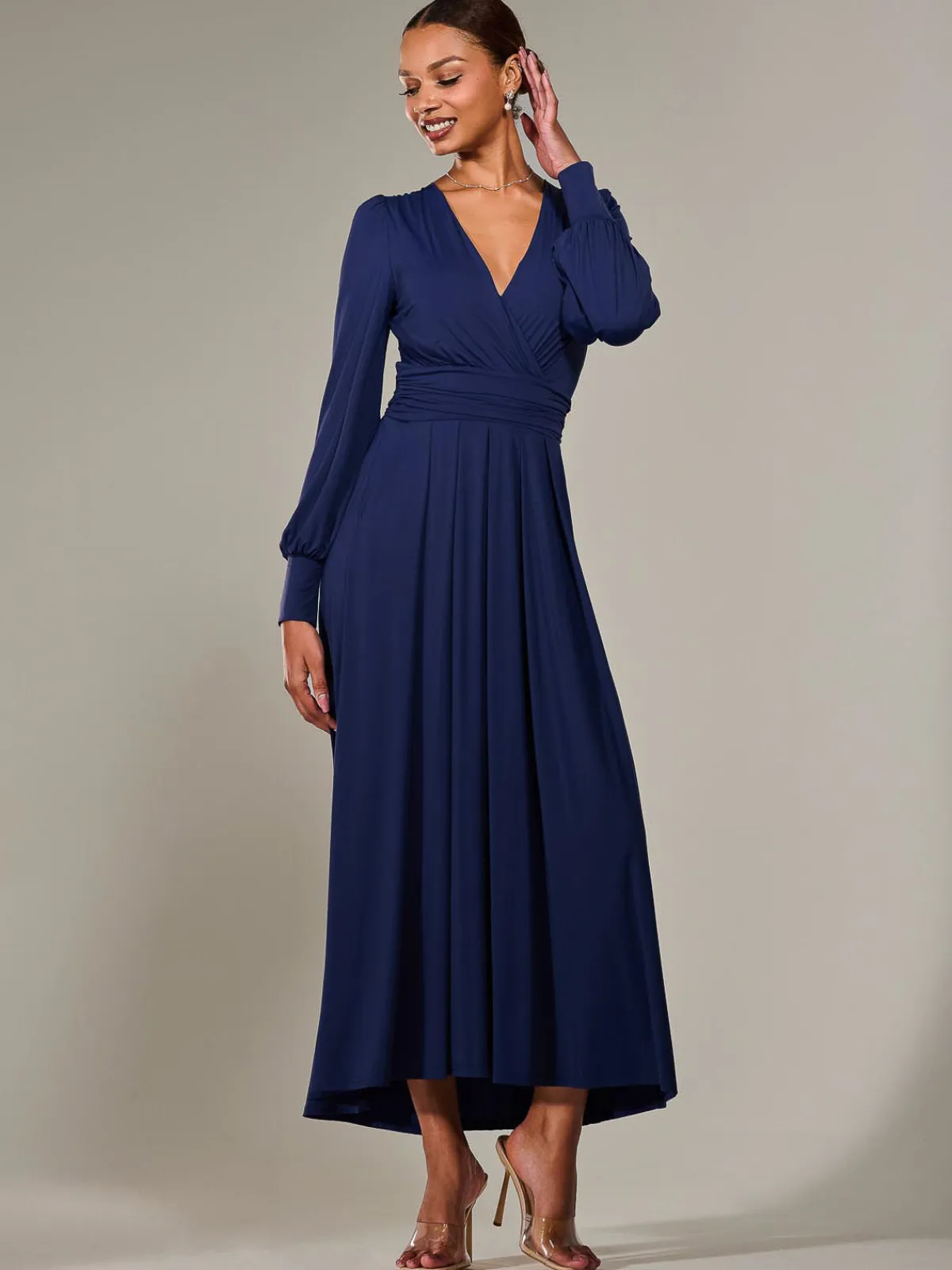 Jolie Moi Occasion Dresses|Race Day Dresses-Long Sleeve Super Soft Jersey Maxi Dress, Navy