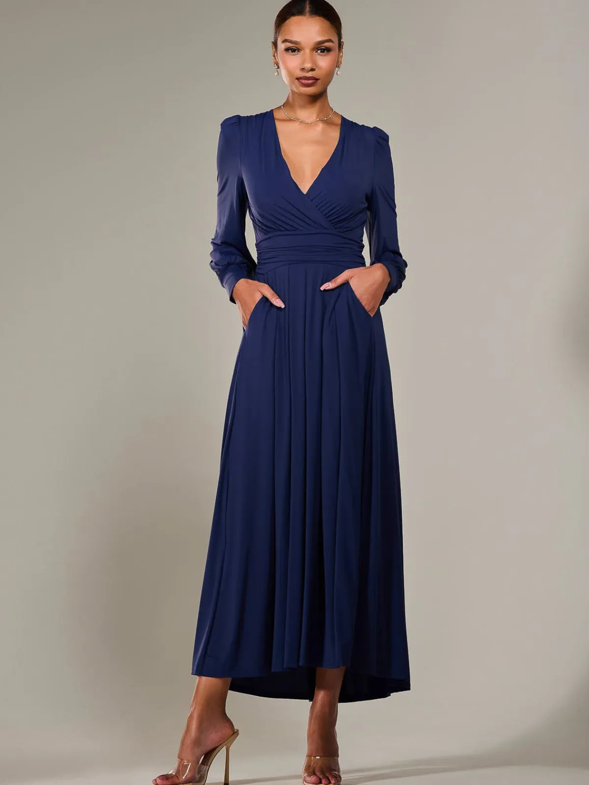 Jolie Moi Occasion Dresses|Race Day Dresses-Long Sleeve Super Soft Jersey Maxi Dress, Navy