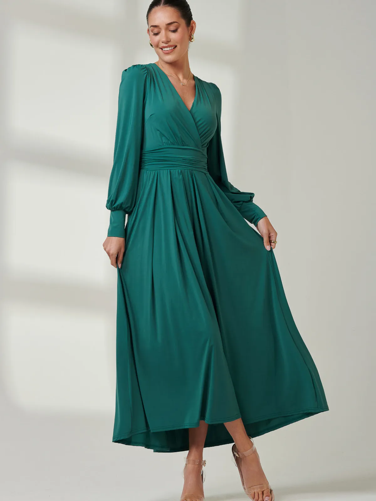 Jolie Moi Occasion Dresses|Jersey Dresses-Long Sleeve Super Soft Jersey Maxi Dress, Peacock Green