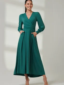 Jolie Moi Occasion Dresses|Jersey Dresses-Long Sleeve Super Soft Jersey Maxi Dress, Peacock Green