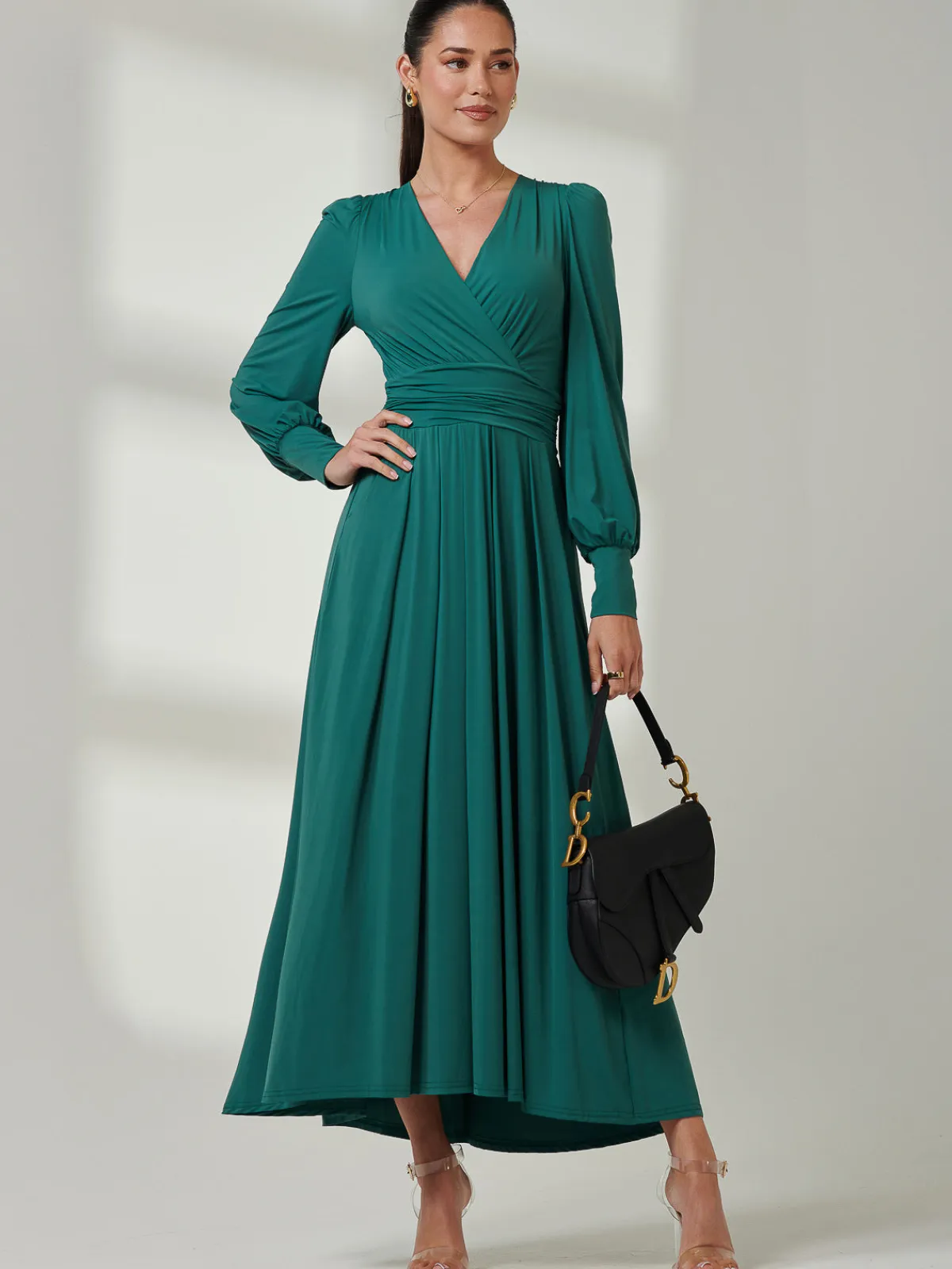 Jolie Moi Occasion Dresses|Jersey Dresses-Long Sleeve Super Soft Jersey Maxi Dress, Peacock Green