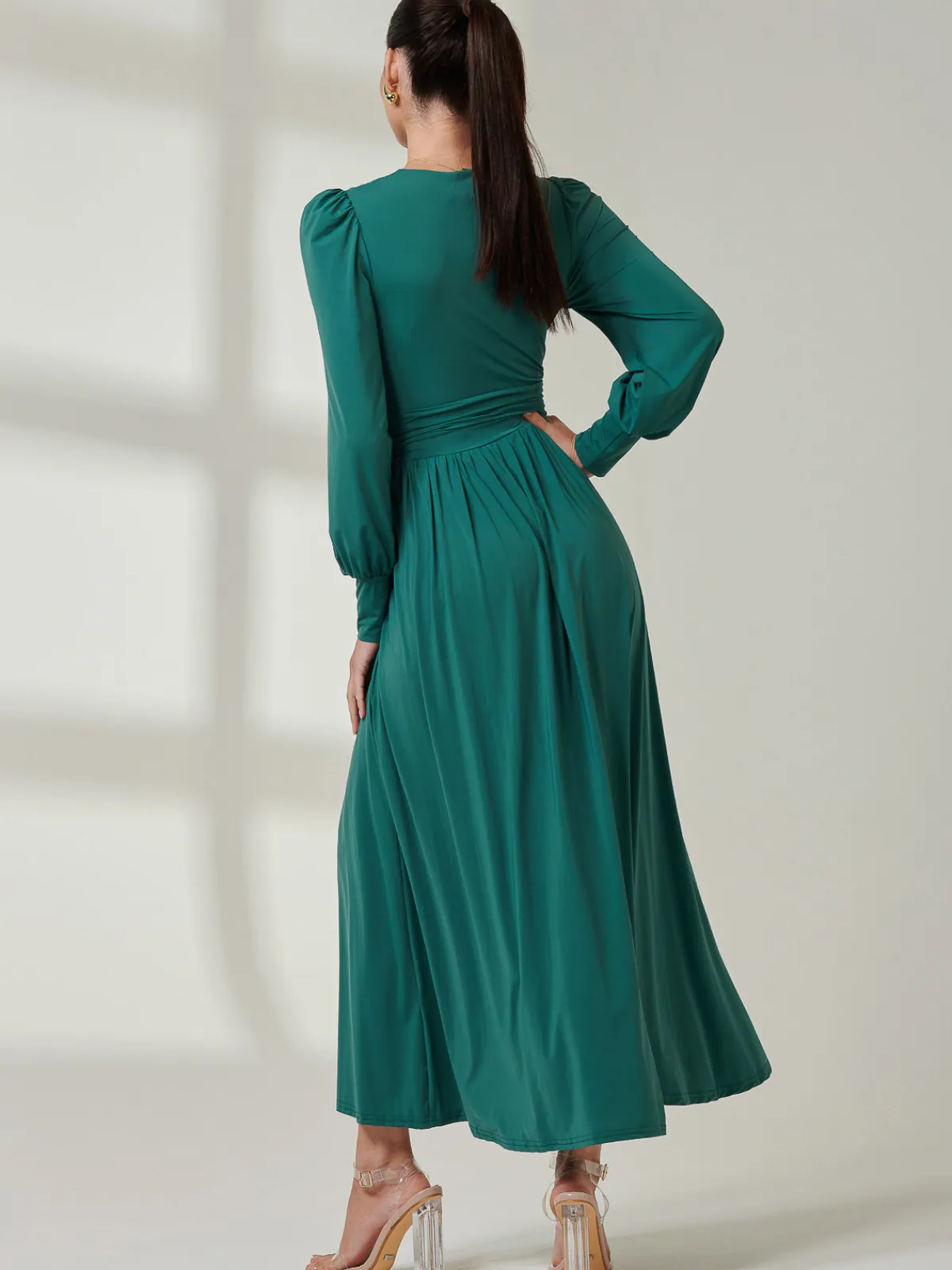 Jolie Moi Occasion Dresses|Jersey Dresses-Long Sleeve Super Soft Jersey Maxi Dress, Peacock Green