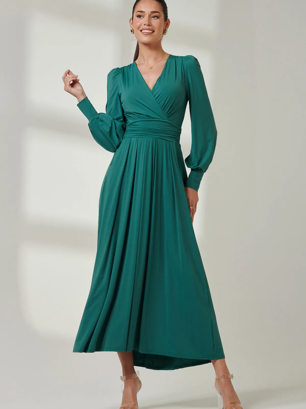 Jolie Moi Occasion Dresses|Jersey Dresses-Long Sleeve Super Soft Jersey Maxi Dress, Peacock Green