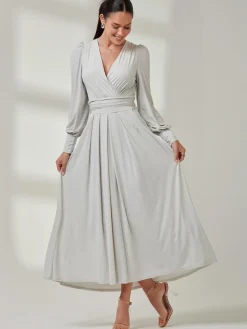 Jolie Moi Occasion Dresses|Long Sleeved Dresses-Long Sleeve Super Soft Jersey Maxi Dress, Pearl