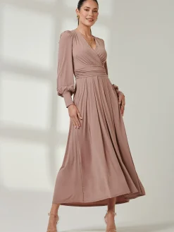 Jolie Moi Occasion Dresses|Long Sleeved Dresses-Long Sleeve Super Soft Jersey Maxi Dress, Rose Taupe