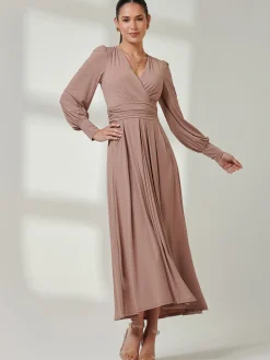 Jolie Moi Occasion Dresses|Long Sleeved Dresses-Long Sleeve Super Soft Jersey Maxi Dress, Rose Taupe