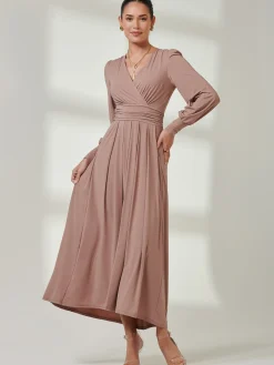 Jolie Moi Occasion Dresses|Long Sleeved Dresses-Long Sleeve Super Soft Jersey Maxi Dress, Rose Taupe
