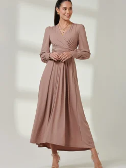 Jolie Moi Occasion Dresses|Long Sleeved Dresses-Long Sleeve Super Soft Jersey Maxi Dress, Rose Taupe