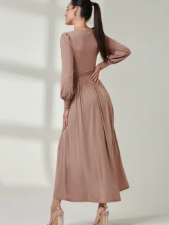 Jolie Moi Occasion Dresses|Long Sleeved Dresses-Long Sleeve Super Soft Jersey Maxi Dress, Rose Taupe