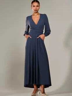 Jolie Moi Occasion Dresses|Jersey Dresses-Long Sleeve Super Soft Jersey Maxi Dress, Steel Blue