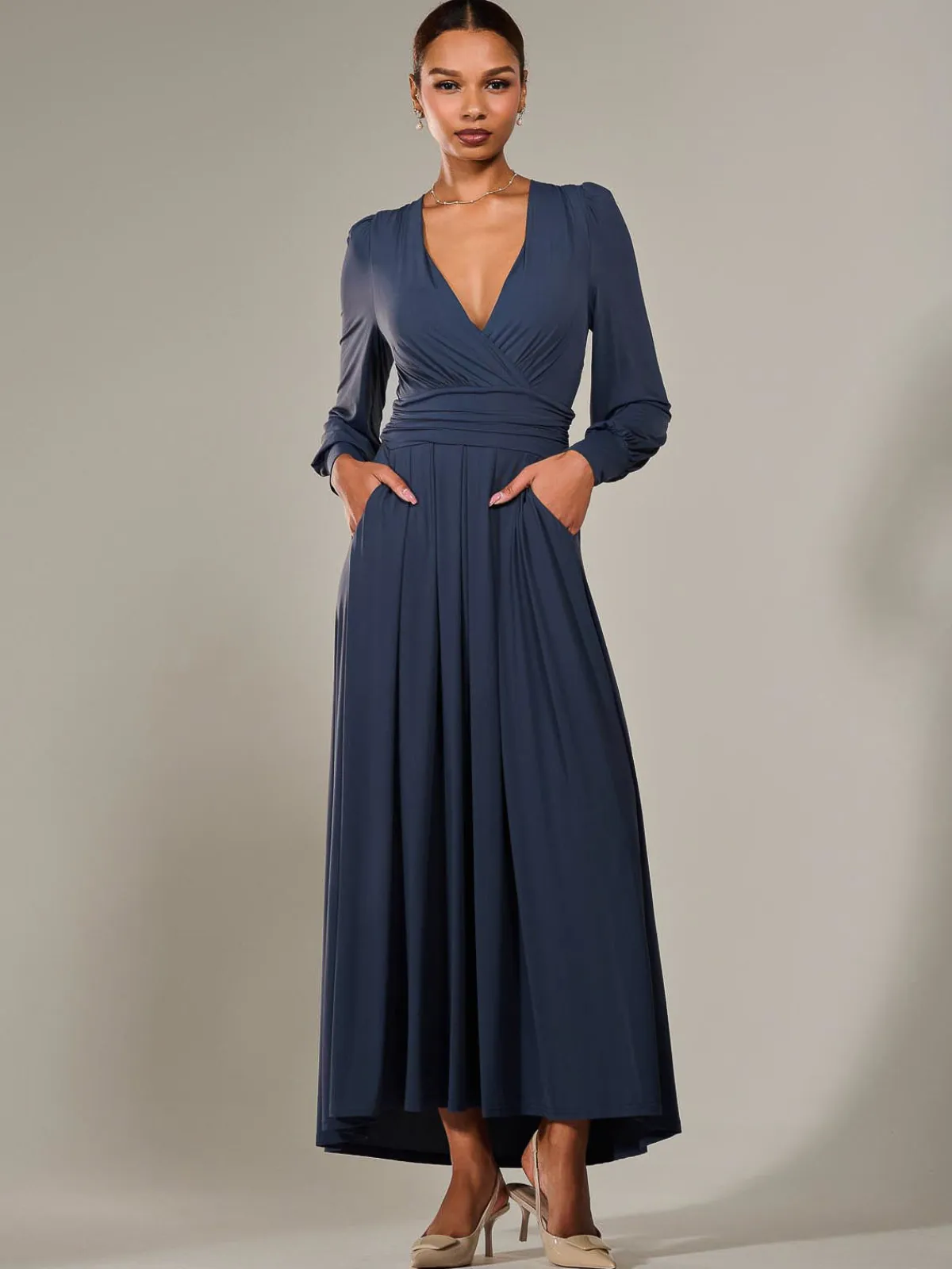 Jolie Moi Occasion Dresses|Jersey Dresses-Long Sleeve Super Soft Jersey Maxi Dress, Steel Blue