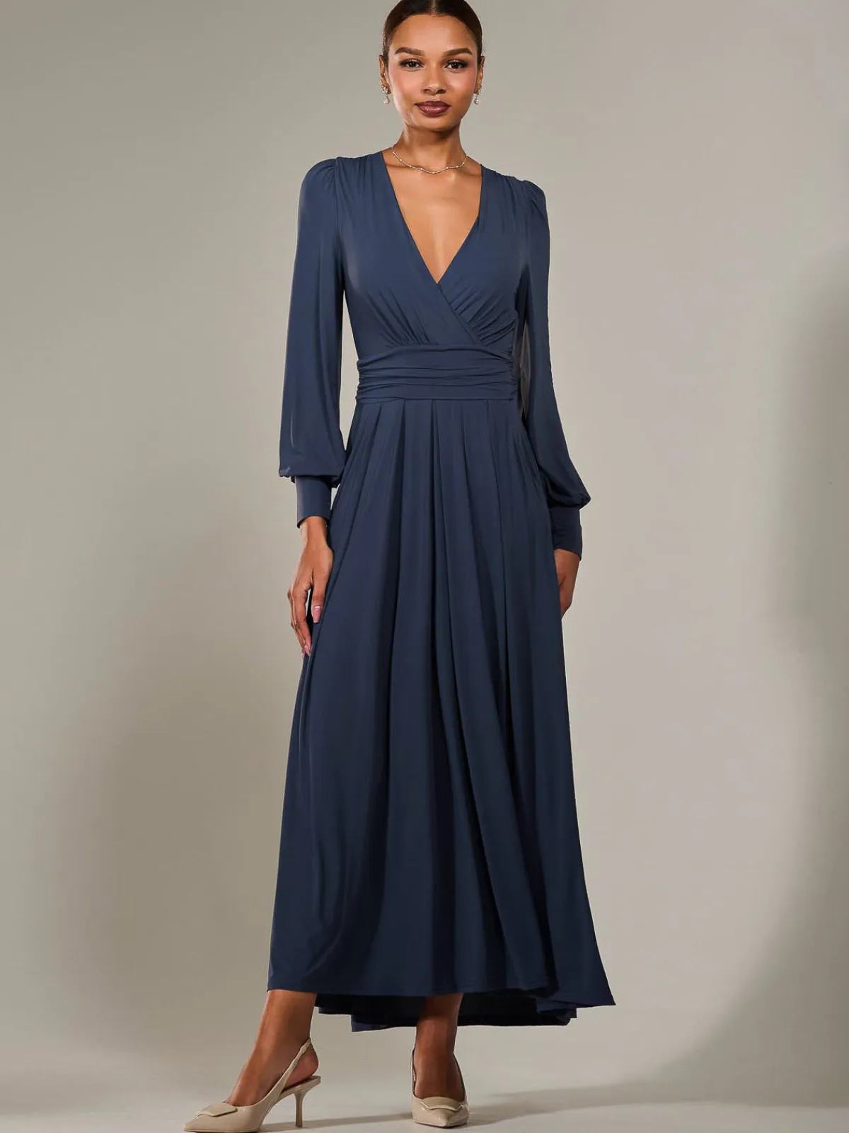 Jolie Moi Occasion Dresses|Jersey Dresses-Long Sleeve Super Soft Jersey Maxi Dress, Steel Blue