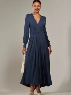 Jolie Moi Occasion Dresses|Jersey Dresses-Long Sleeve Super Soft Jersey Maxi Dress, Steel Blue