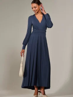 Jolie Moi Occasion Dresses|Jersey Dresses-Long Sleeve Super Soft Jersey Maxi Dress, Steel Blue