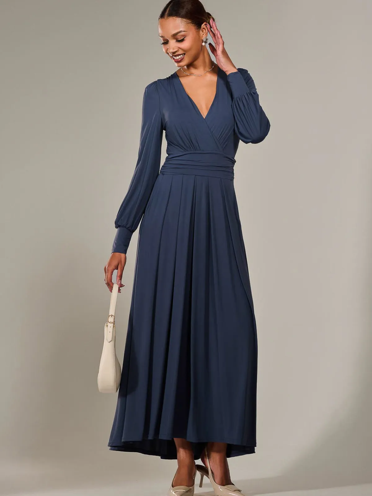 Jolie Moi Occasion Dresses|Jersey Dresses-Long Sleeve Super Soft Jersey Maxi Dress, Steel Blue