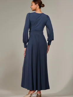 Jolie Moi Occasion Dresses|Jersey Dresses-Long Sleeve Super Soft Jersey Maxi Dress, Steel Blue