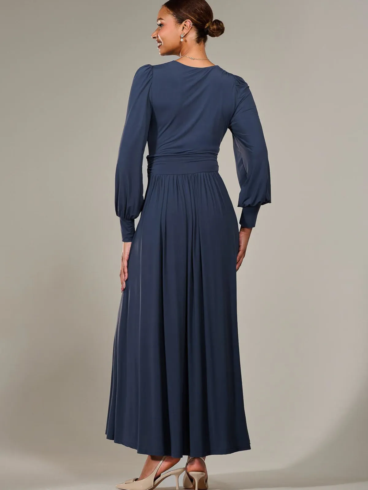 Jolie Moi Occasion Dresses|Jersey Dresses-Long Sleeve Super Soft Jersey Maxi Dress, Steel Blue