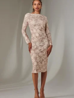 Jolie Moi Occasion Dresses|Midi Dresses-Long Sleeve Textured Midi Dress, Beige Abstract