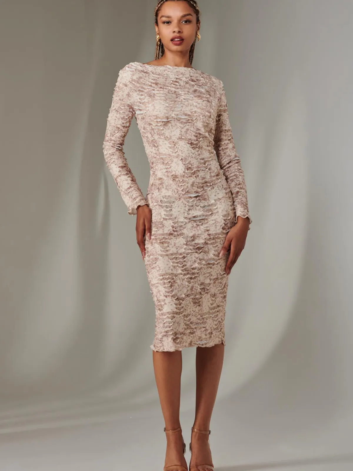 Jolie Moi Occasion Dresses|Midi Dresses-Long Sleeve Textured Midi Dress, Beige Abstract
