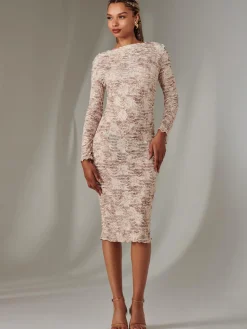 Jolie Moi Occasion Dresses|Midi Dresses-Long Sleeve Textured Midi Dress, Beige Abstract