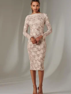 Jolie Moi Occasion Dresses|Midi Dresses-Long Sleeve Textured Midi Dress, Beige Abstract