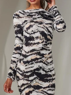 Jolie Moi Occasion Dresses|Midi Dresses-Long Sleeve Textured Midi Dress, Black Abstract
