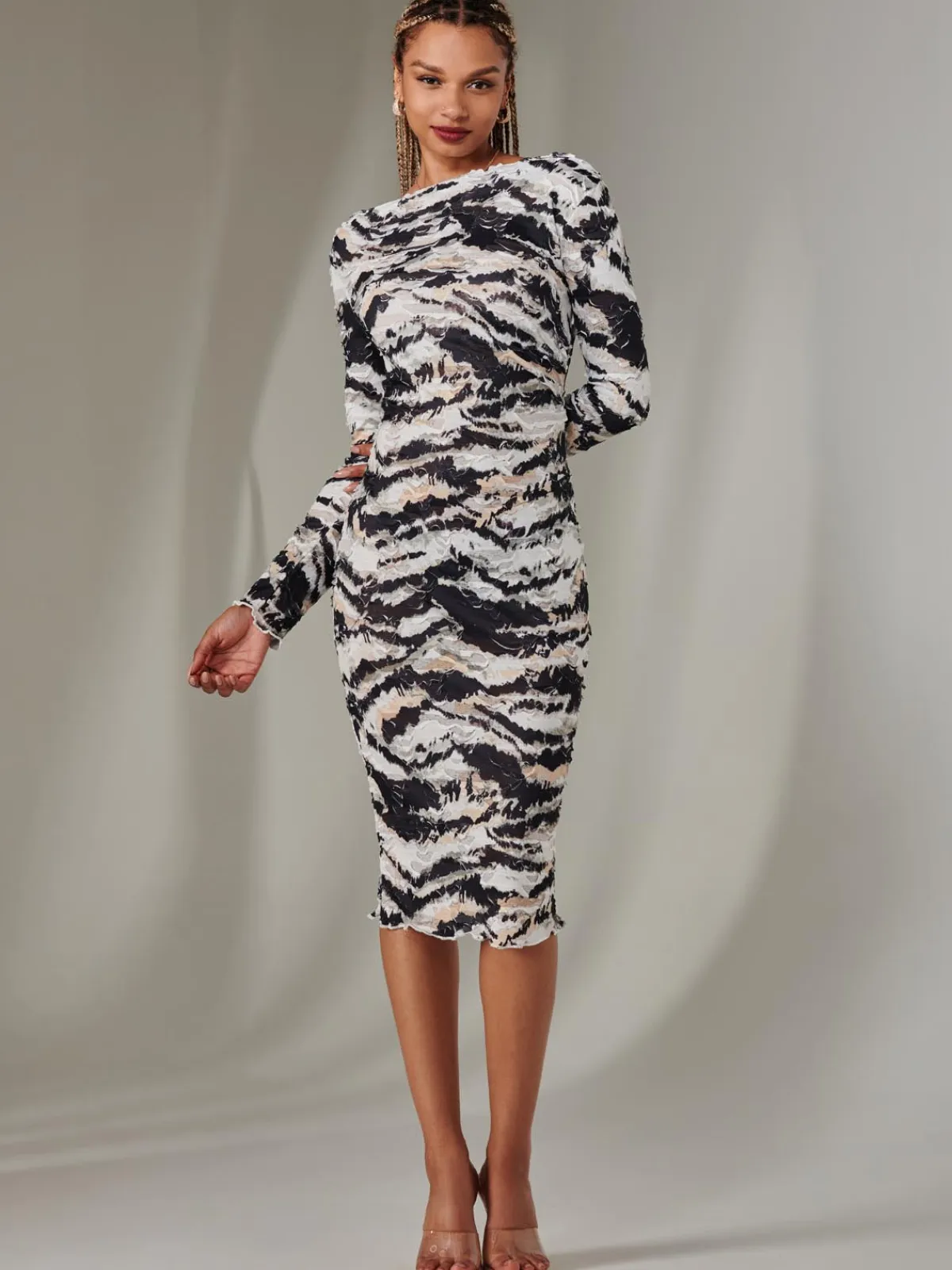Jolie Moi Occasion Dresses|Midi Dresses-Long Sleeve Textured Midi Dress, Black Abstract
