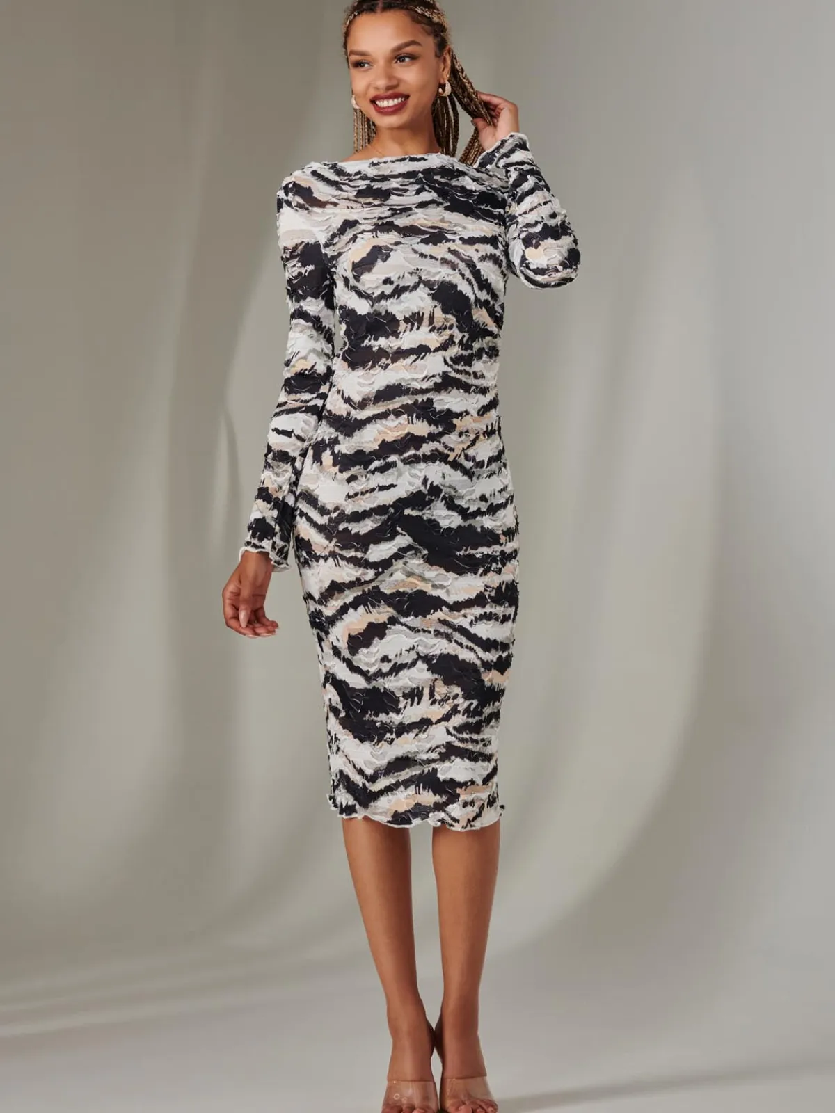 Jolie Moi Occasion Dresses|Midi Dresses-Long Sleeve Textured Midi Dress, Black Abstract