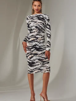 Jolie Moi Occasion Dresses|Midi Dresses-Long Sleeve Textured Midi Dress, Black Abstract