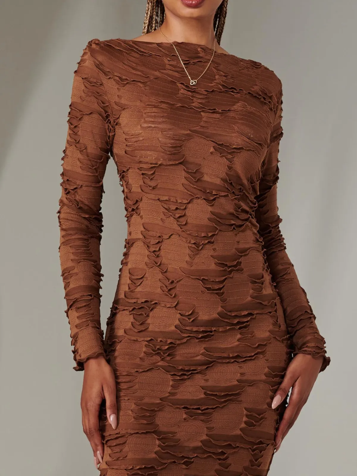 Jolie Moi Occasion Dresses|Office Dresses-Long Sleeve Textured Midi Dress, Dark Brown