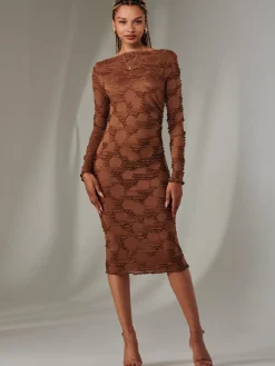 Jolie Moi Occasion Dresses|Office Dresses-Long Sleeve Textured Midi Dress, Dark Brown