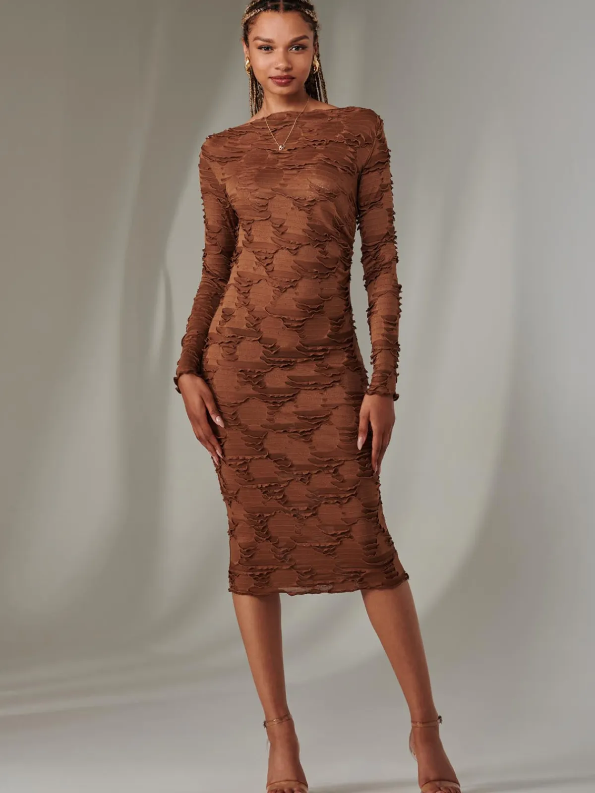 Jolie Moi Occasion Dresses|Office Dresses-Long Sleeve Textured Midi Dress, Dark Brown