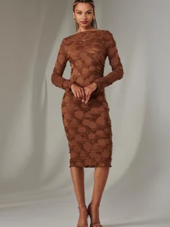 Jolie Moi Occasion Dresses|Office Dresses-Long Sleeve Textured Midi Dress, Dark Brown