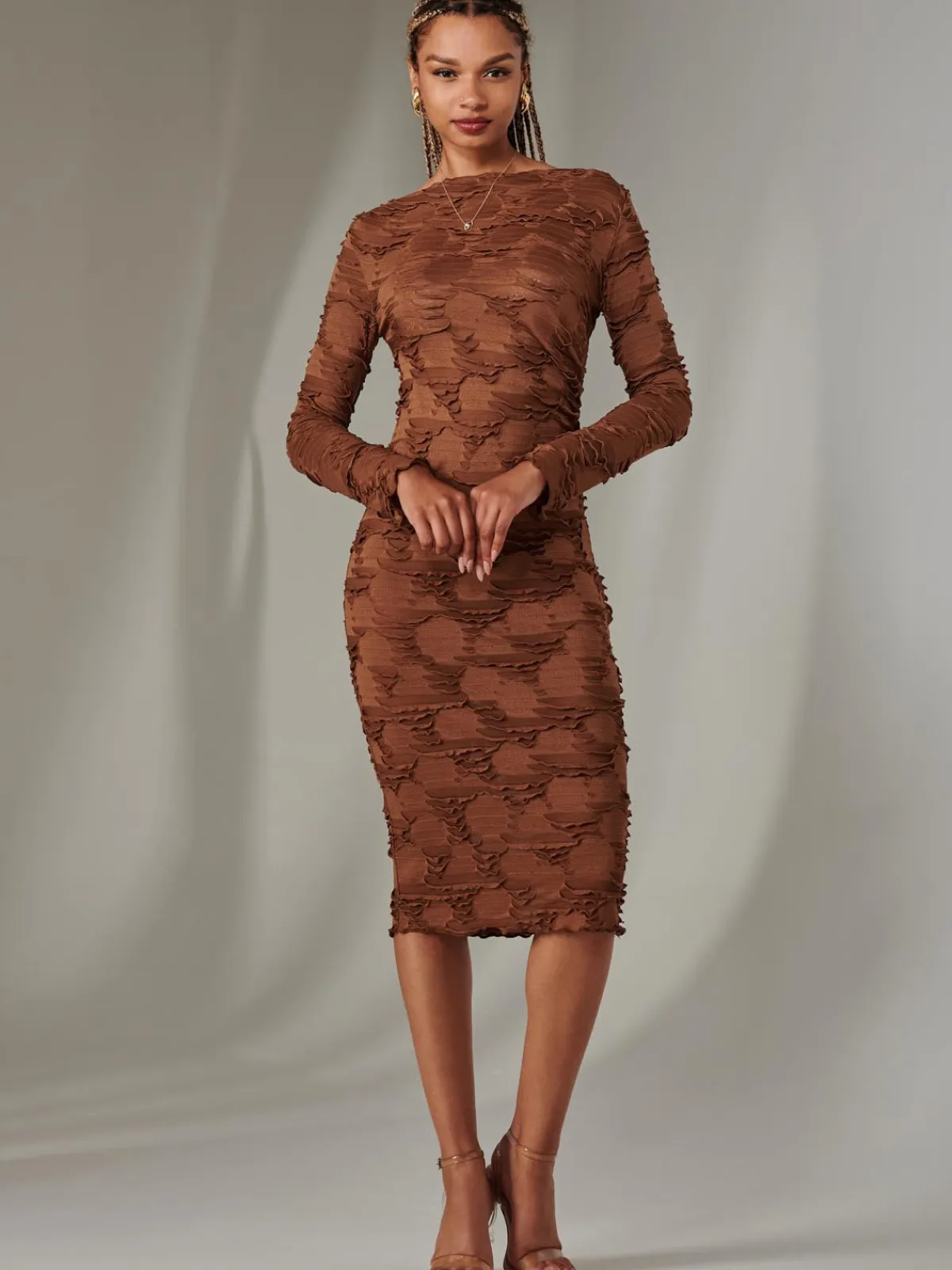 Jolie Moi Occasion Dresses|Office Dresses-Long Sleeve Textured Midi Dress, Dark Brown