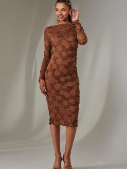 Jolie Moi Occasion Dresses|Office Dresses-Long Sleeve Textured Midi Dress, Dark Brown