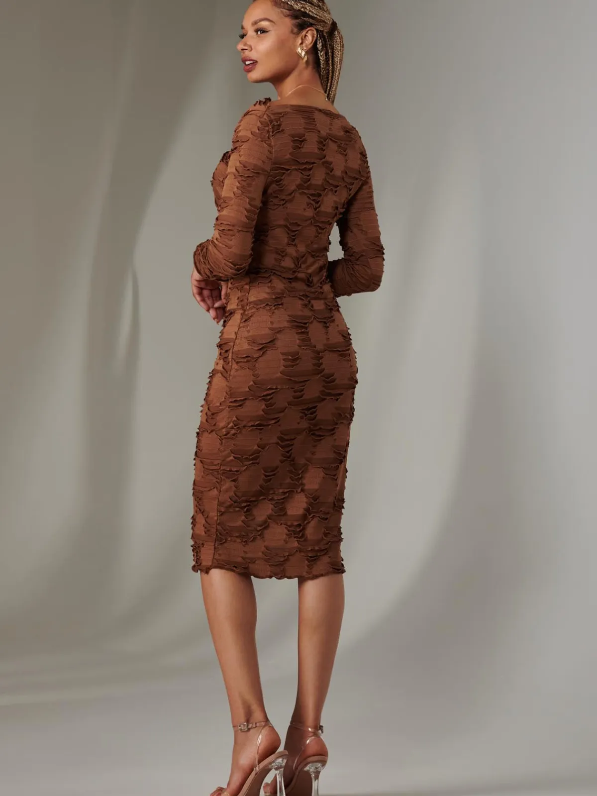 Jolie Moi Occasion Dresses|Office Dresses-Long Sleeve Textured Midi Dress, Dark Brown
