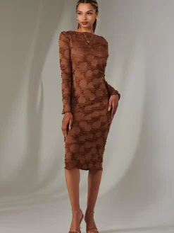 Jolie Moi Occasion Dresses|Office Dresses-Long Sleeve Textured Midi Dress, Dark Brown