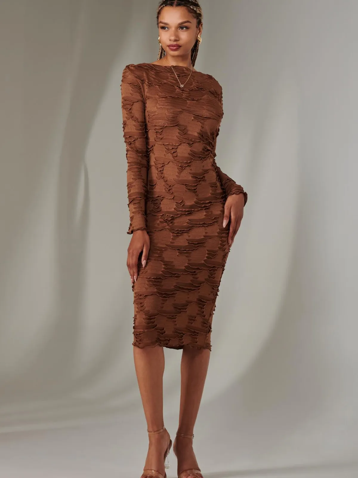 Jolie Moi Occasion Dresses|Office Dresses-Long Sleeve Textured Midi Dress, Dark Brown