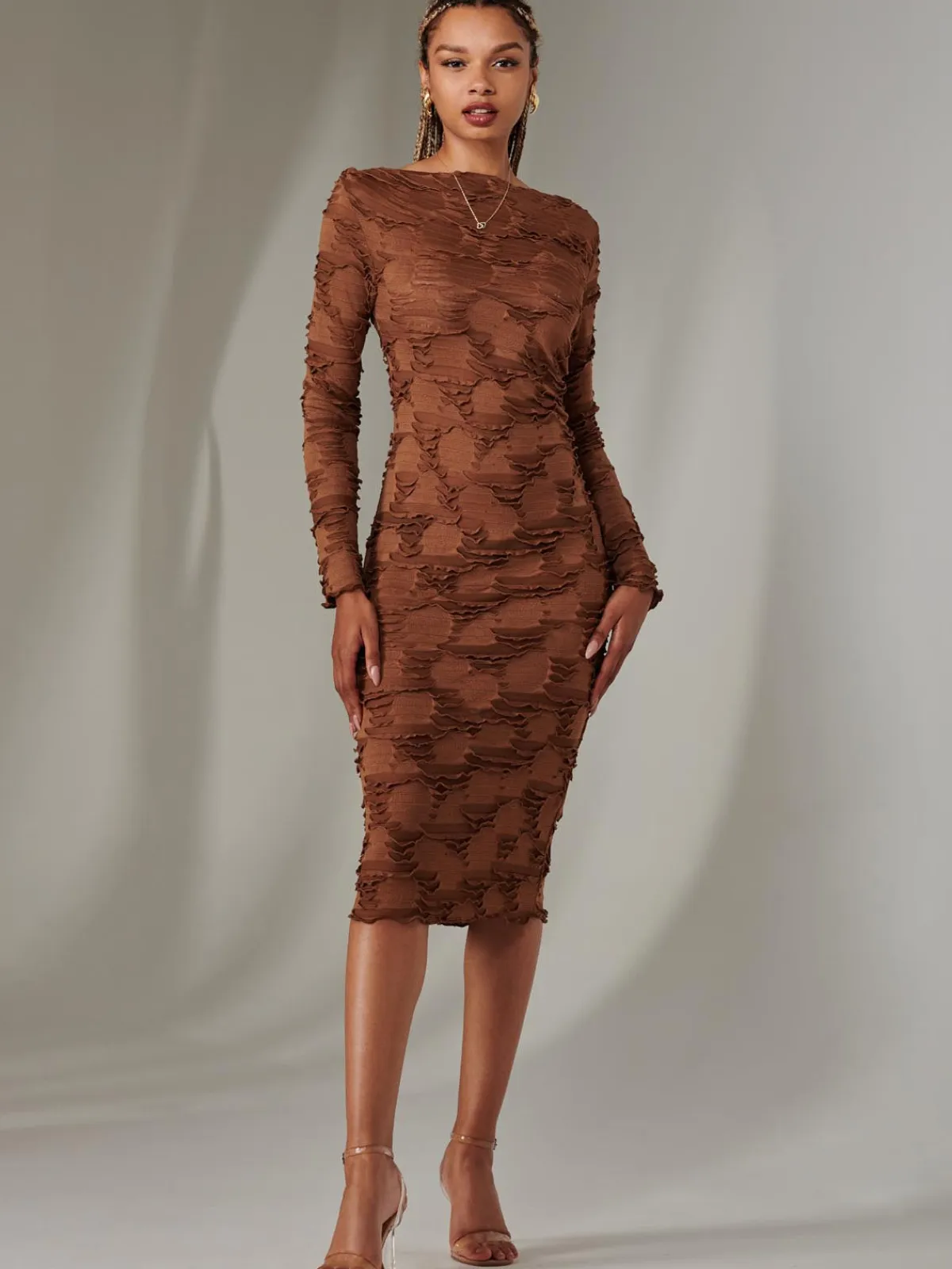 Jolie Moi Occasion Dresses|Office Dresses-Long Sleeve Textured Midi Dress, Dark Brown