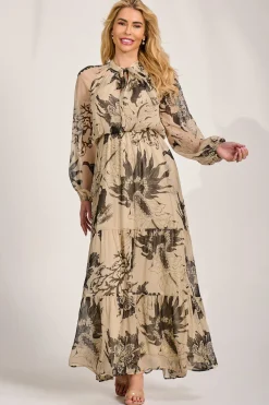 Jolie Moi Occasion Dresses|Wedding Guest-Long Sleeve Tie Neck Maxi Dress, Beige Pattern