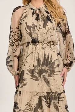 Jolie Moi Occasion Dresses|Wedding Guest-Long Sleeve Tie Neck Maxi Dress, Beige Pattern