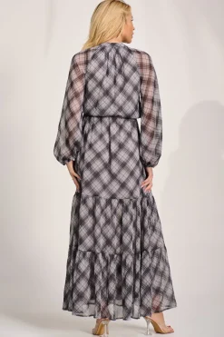 Jolie Moi Occasion Dresses|Wedding Guest-Long Sleeve Tie Neck Maxi Dress, Black Check