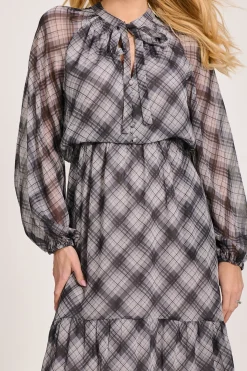 Jolie Moi Occasion Dresses|Wedding Guest-Long Sleeve Tie Neck Maxi Dress, Black Check