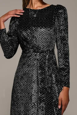 Jolie Moi Occasion Dresses|Velvet Dresses-Long Sleeve Velvet Tie Detail Midi Dress, Black Spot