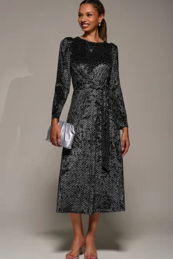 Jolie Moi Occasion Dresses|Velvet Dresses-Long Sleeve Velvet Tie Detail Midi Dress, Black Spot
