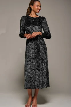 Jolie Moi Occasion Dresses|Velvet Dresses-Long Sleeve Velvet Tie Detail Midi Dress, Black Spot