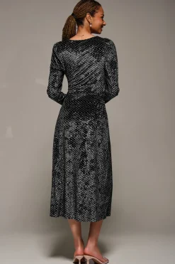 Jolie Moi Occasion Dresses|Velvet Dresses-Long Sleeve Velvet Tie Detail Midi Dress, Black Spot